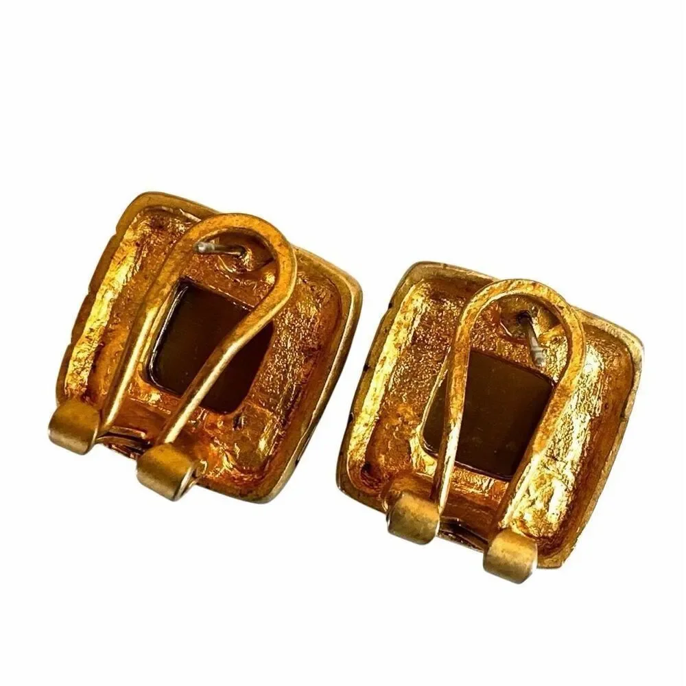 Gold Tone Square Earrings with Cat’s Eye Style Glass